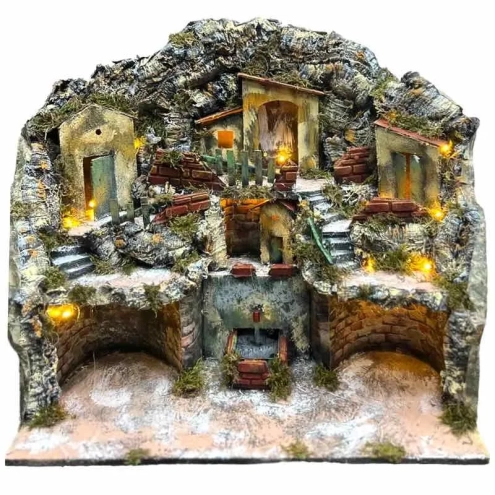 Presepe in sughero con fontana e luci 50 cm