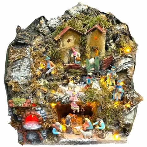 Presepe con forno completo di pastori e luci 17 cm