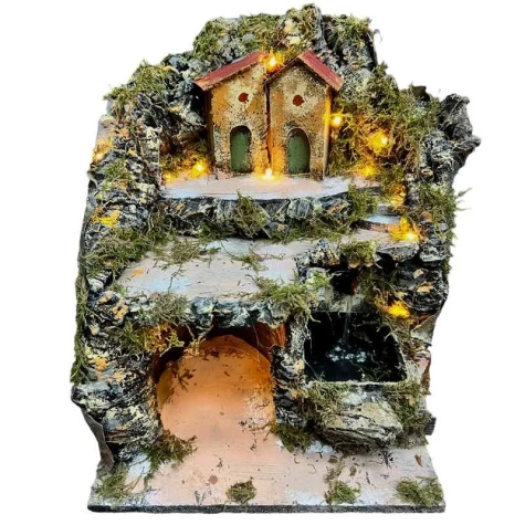 Presepe in sughero con fontana e luci 35 m