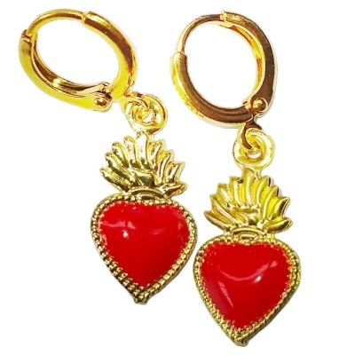 Coppia di orecchini con cuore sacro rosso 1 cm