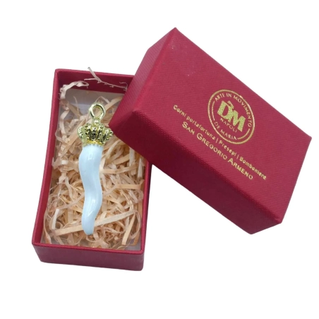 Gioiello Ciondolo corno bianco in metallo 2 cm con scatola regalo