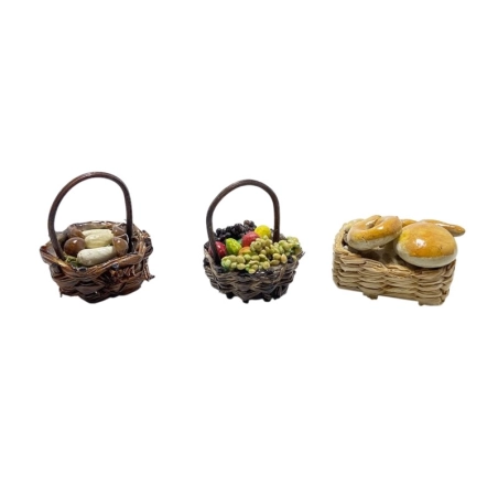 Set da 3 cestini con frutta e pane per pastori da 7 a 10 cm