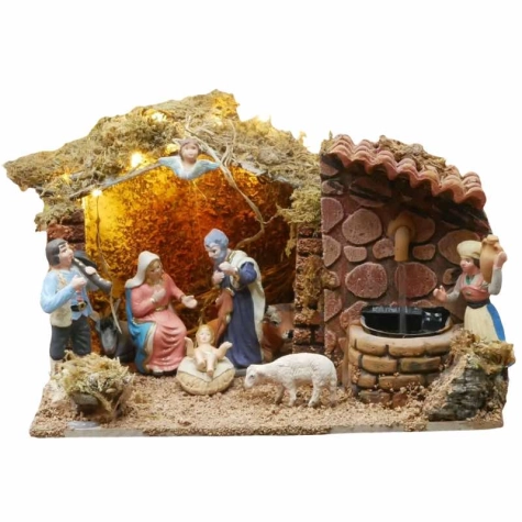 Capanna completa con luce, pastori e fontana 15 cm