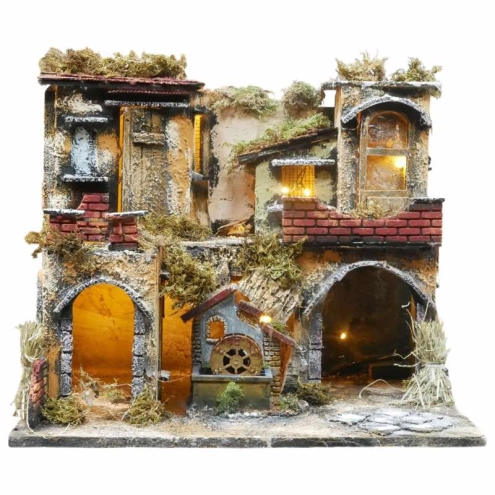 Presepe in sughero con Mulino ad acqua e luci 35 cm