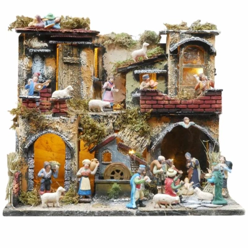 Presepe completo di pastori, Mulino ad acqua e luci 35 cm
