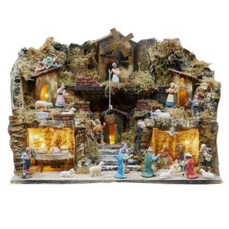 Presepe completo di luci, pastori e mulino a vento 40 cm