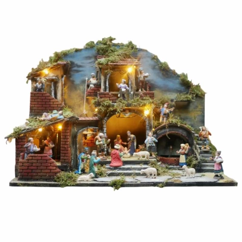 Presepe completo di pastori, luci e fontana in terracotta 45 cm