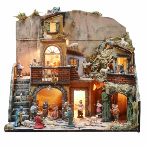 Presepe borgo napoletano con forno, luci e pastori 45 cm