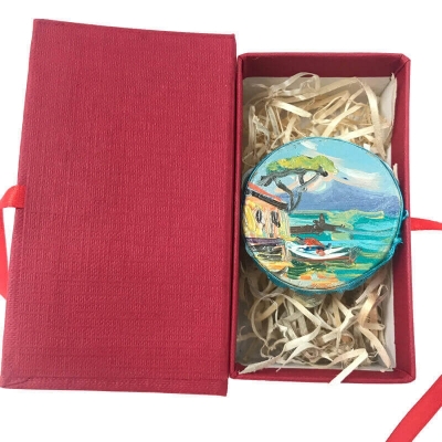 Tamburello da 4.5 con dipinto di Napoli in scatola regalo