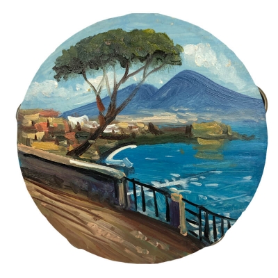 Tamburello con dipinto strada e veduta Napoli 16 cm