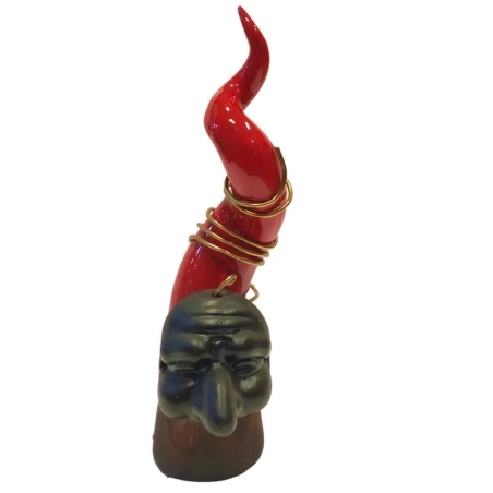 Corno con maschera di Pulcinella in ceramica e rame 23 cm