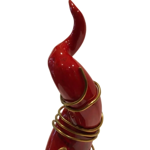 Corno con maschera di Pulcinella in ceramica e rame 23 cm