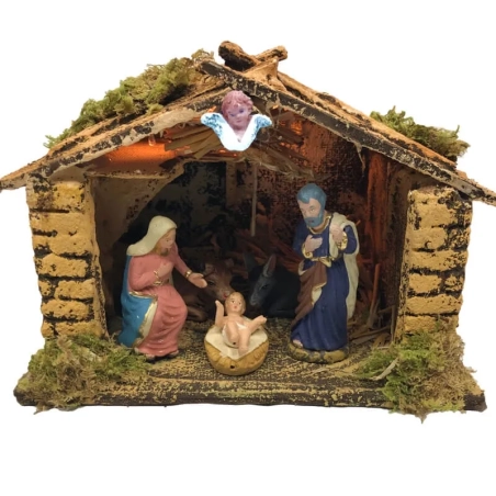 Capanna presepe con luce e natività da 7 cm