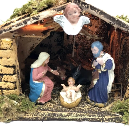Capanna presepe con luce e natività da 7 cm