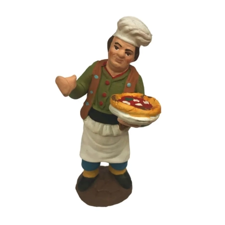 Pizzaiolo con pizza al piatto in terracotta 10 cm