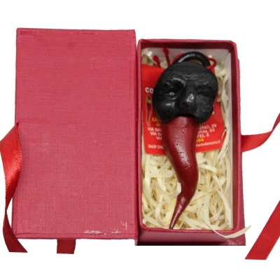 Maschera di Pulcinella con corno in terracotta 9 cm con scatola regalo