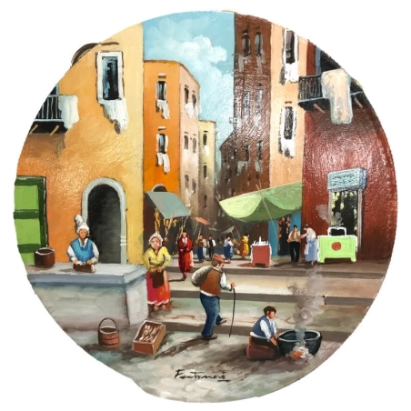 Tamburello in vera pelle con dipinto di Pulcinella in strada a Napoli 30 cm